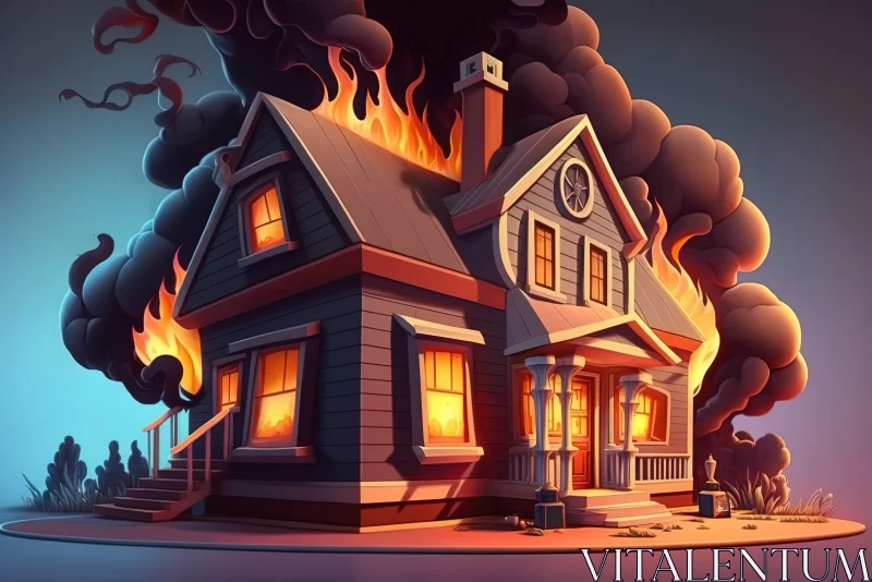 Inferno Unleashed: Intense Flames and Billowing Black Smoke Engulfing a Burning House AI Image