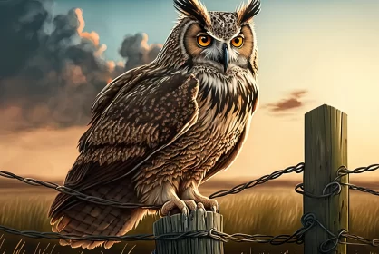 Majestic Watcher: Huge European Eagle Owl Perched on a Fence Post