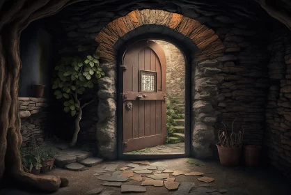 Magical Entrance: Heavy Brown Door in a Stone Building to a Fairytale Realm AI Image