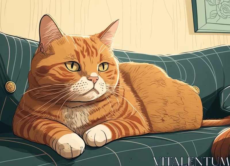 AI ART Serenity Captured: Ginger Cat Lounging on a Couch, Locking Eyes with the Camera