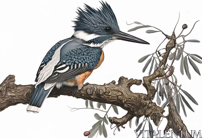 Enigmatic Beauty: Uncanny Belted Kingfisher Perched on a Tree Branch AI Image