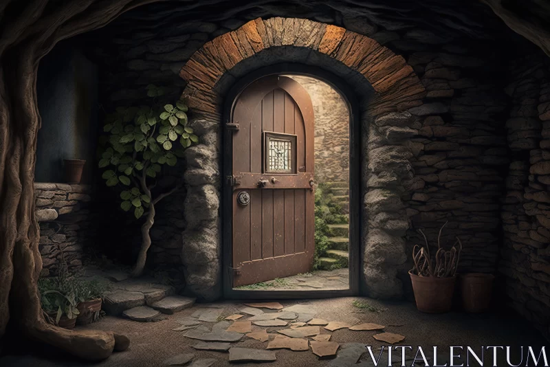 Magical Entrance: Heavy Brown Door in a Stone Building to a Fairytale Realm AI Image