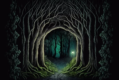 Realm of Enchantment: 3D Picture of a Dark Forest with a Doorway to Another Realm AI Image