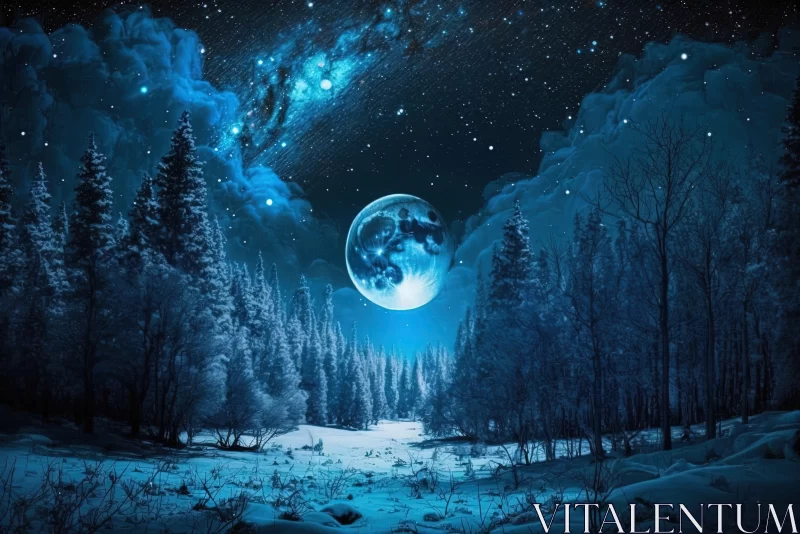 Celestial Symphony: Full Moon, Aurora, and Bright Star Dots Illuminate the Winter Forest in the Blue AI Image