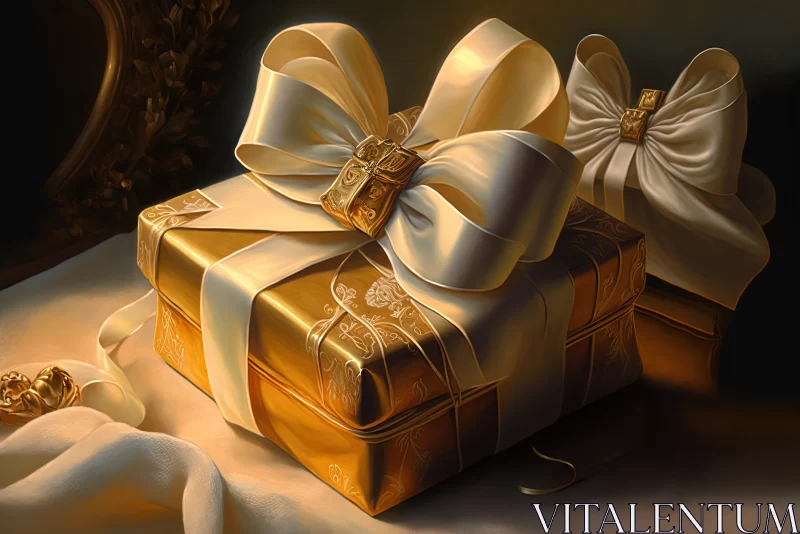 AI ART Gleaming Surprises: Golden Wrapped Gifts with White Tie and Bow