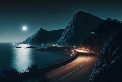 Serene Night View: Empty Roadway Overlooking the Sea on a Mountain