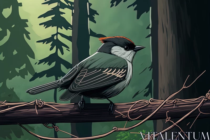 Mystical Enigma: Blackcap Bird Perched on a Wire in the Gloomy Forest AI Image