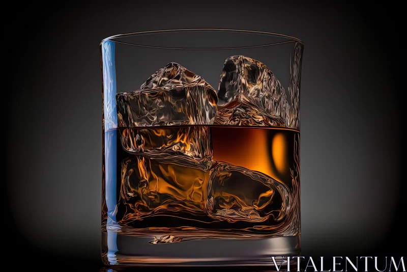 Elegant Indulgence: Close-Up of a Glass of Whiskey or Bourbon with Ice Cubes AI Image