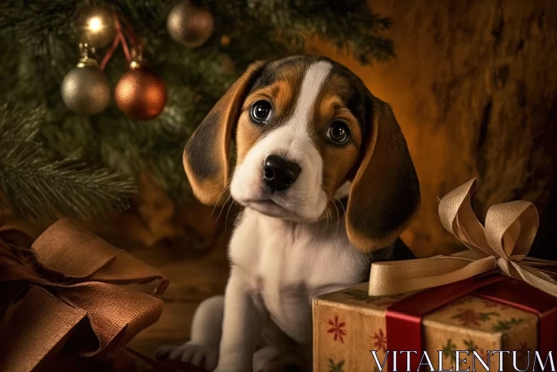 Christmas Surprise: Beagle Puppy Under the Tree AI Image