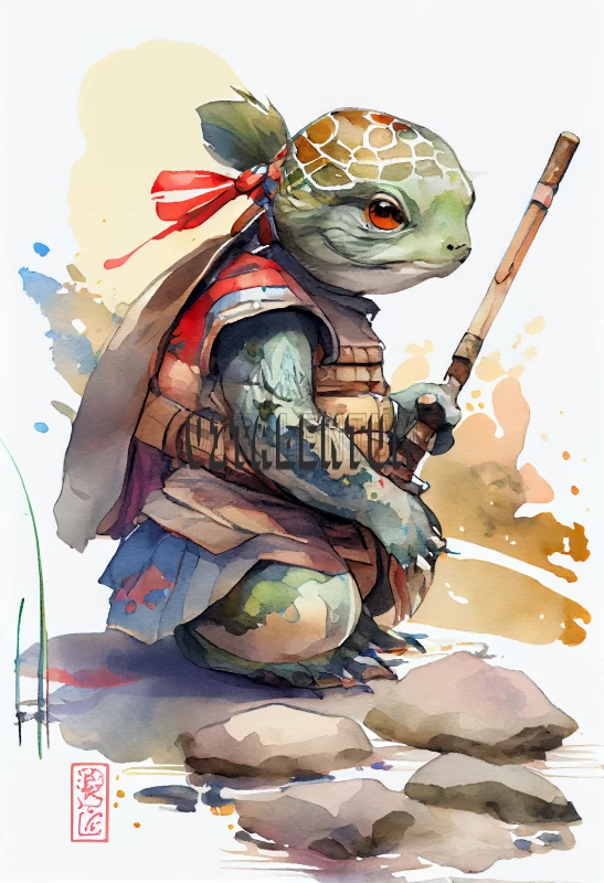 Fearless Ninja Baby Turtle with a Bō in His Hand AI Image