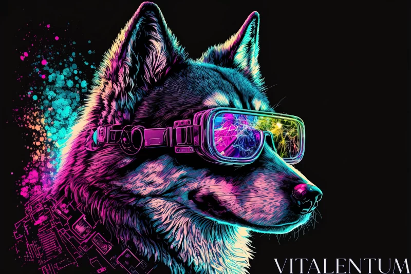 Neon Cyberpunk Husky: Glitching Artwork with Vibrant Colors AI Image