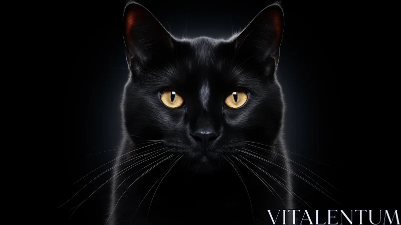 Striking portrait of a black cat with glowing golden eyes on a dark background.