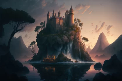 Dusk's Enchantment: Floating Islands with Castle and Waterfall Amidst Serene Twilight AI Image
