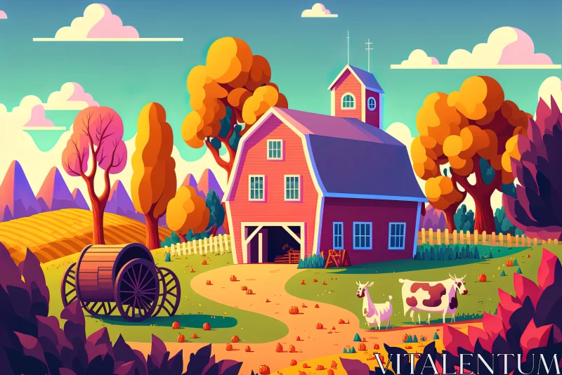 Whimsical Countryside Charm: Cartoon-like Farmhouse and Trees AI Image