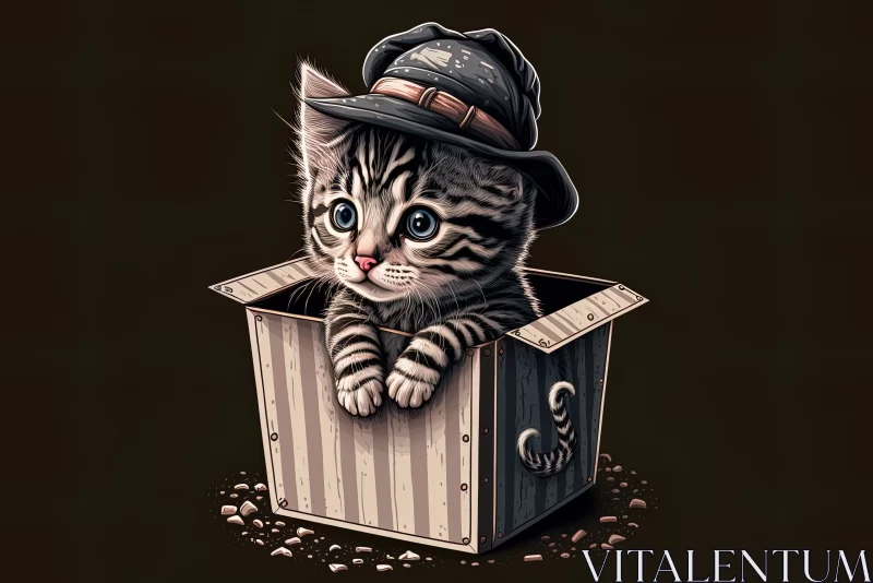 Adorable Surprise: Gray Striped Kitten in a Hat, Curiously Peeking Out from Inside the Box AI Image