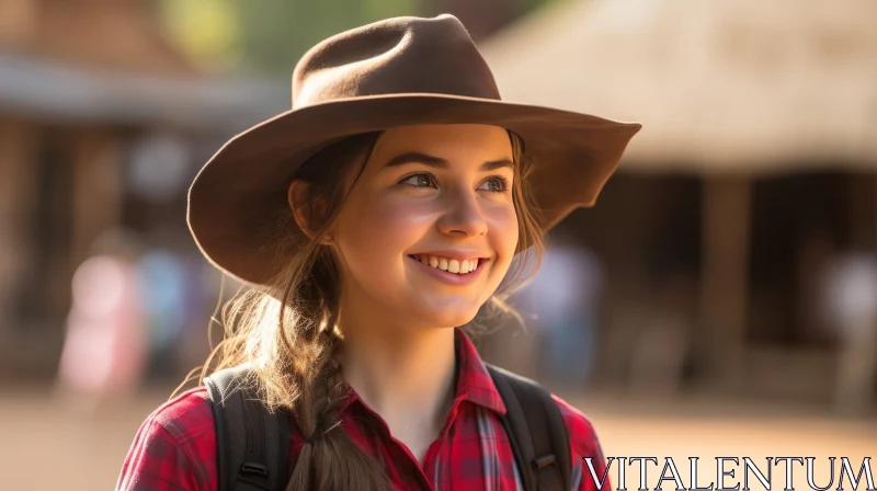 Portrait of a cheerful girl in plaid shirt and wide-brim hat under natural light.