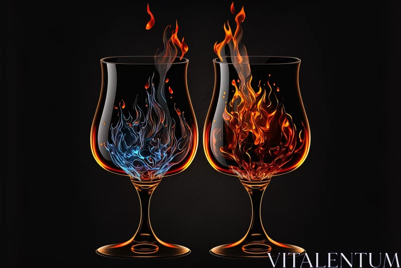 AI ART Burning Elixir: Fiery Blue and Red Alcohol in Mesmerizing Glasses