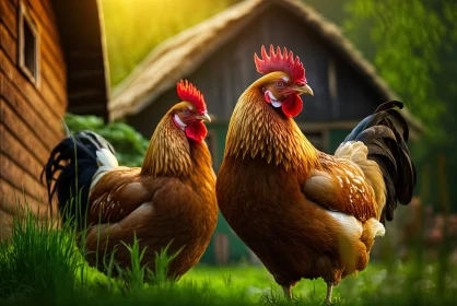 Vivid Life on the Farm: Vibrant Shot of Chickens Roaming on Lush Grass
