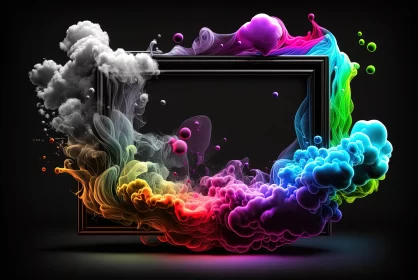 Radiant Illusions: Abstract 3D Frame with Colourful Smoke Puffs and Neon Lights AI Image