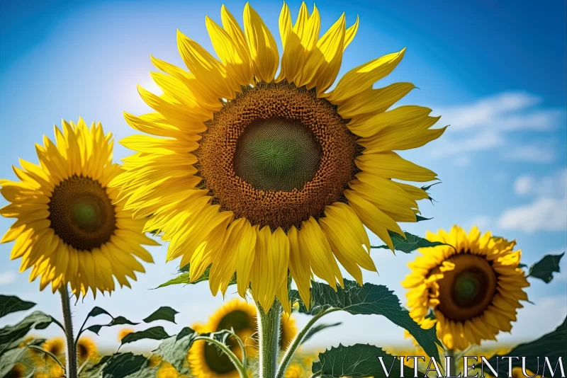 Fields of Sunshine: Sunflowers Blooming in Farm Field Against Blue Sky AI Image