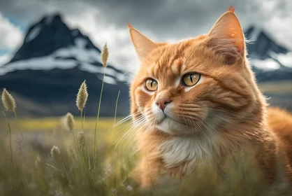 Ginger's Serenade: Cute Ginger Cat in a Field with Majestic Belukha Mountain in the Background