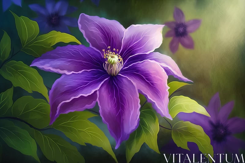 Nature's Delicacy: Stunning Purple Clematis Flower on a Blurred Background AI Image