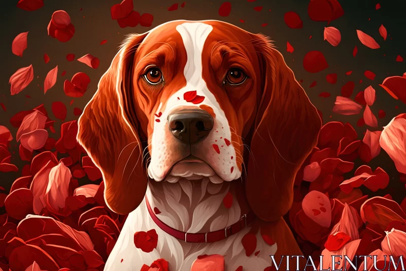 AI ART Petal Perfection: Charming Beagle Dog Surrounded by Red Flower Petals