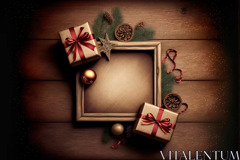 Festive Elegance: Christmas Background with Gift Boxes and Frames on a Wooden Plank AI Image