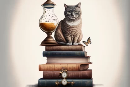 Whimsical Literary Escape: A Cat, an Hourglass, and Stacks of Books