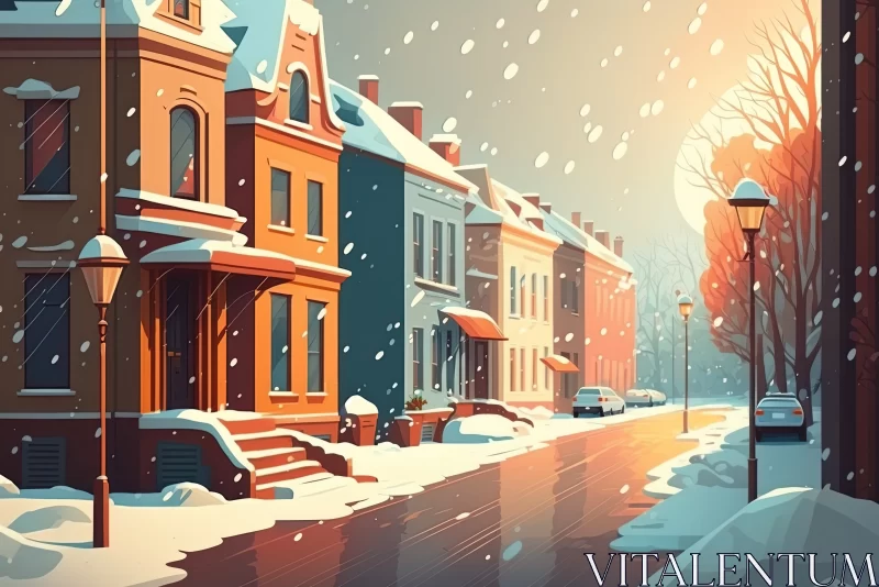 AI ART Winter Wonderland: Cozy City Street in Snowfall