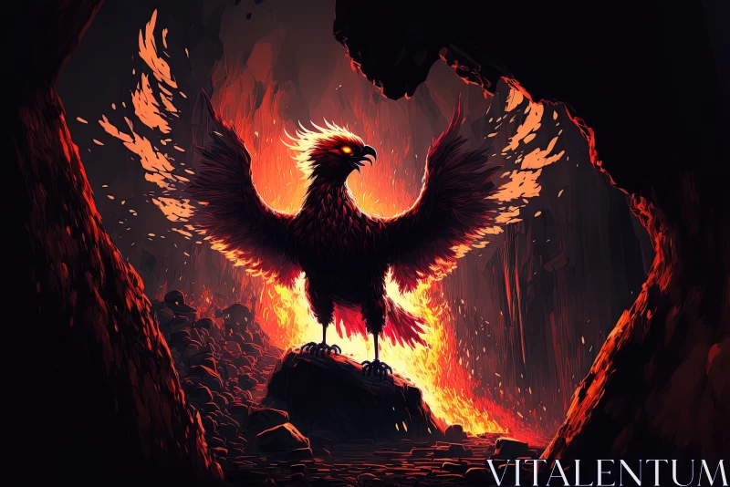AI ART Fiery Majesty: Majestic Magic Phoenix Fire Bird in a Scene of Lava and Sunlight on a Volcanic Enviro