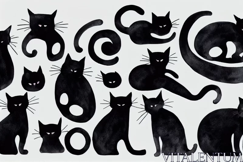 Elegant and Mysterious: Black Watercolor Cats in Different Poses Set Isolated on White Background AI Image