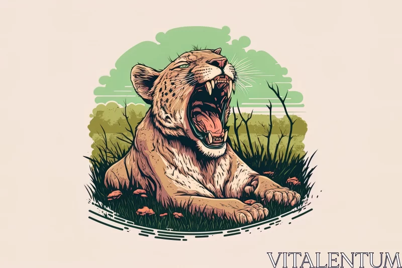 AI ART Funny Lioness Yawn: Cartoon-like Lioness Yawning with Tongue Out in a Grassy Field