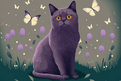 Whimsical Harmony: Cute Gray Cat and Lilac Butterflies Amidst a Serene Grassland