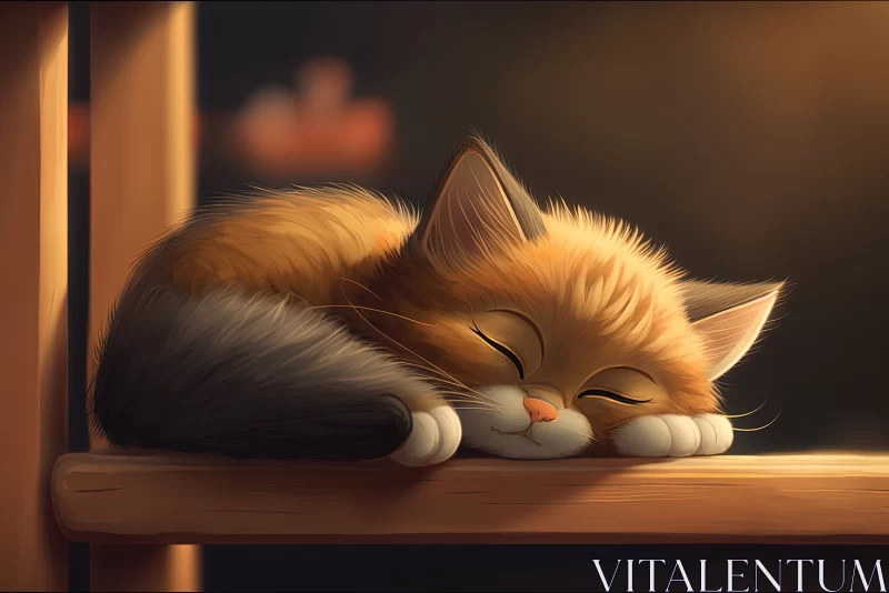 Cozy Slumber: Domestic Kitten Sleeping on Wooden Shelf with Blurry Background AI Image