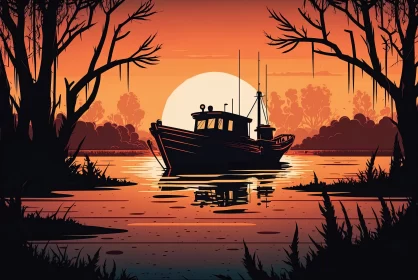 Fishing Boat Sails Amidst a Breathtaking Sunset on the River