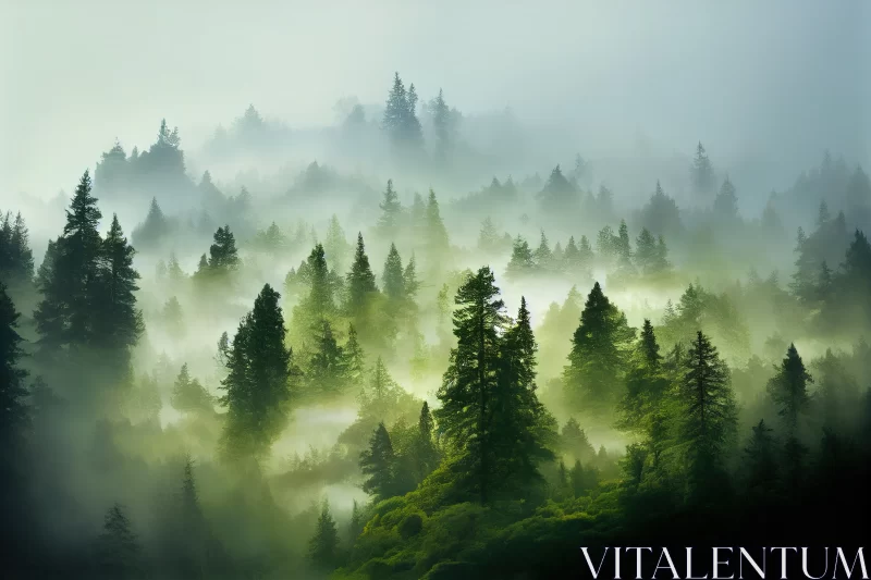 Enchanted Whispers: Forest with Moving Mist Between the Trees AI Image