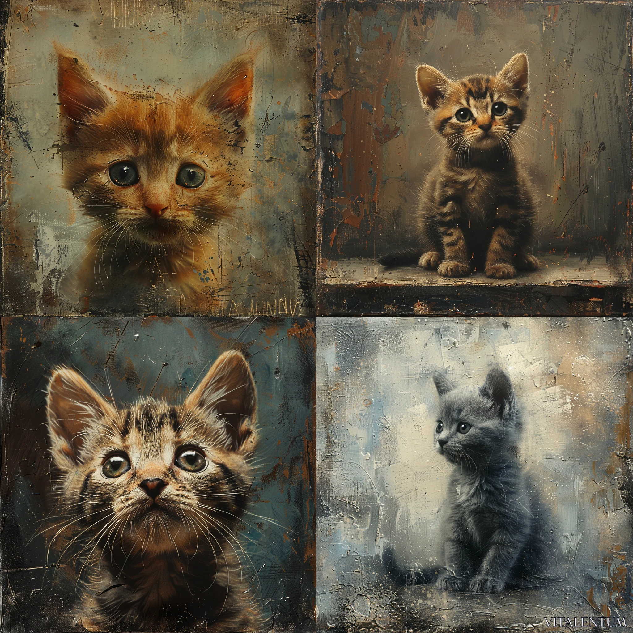 PROMPT A detailed oil painting of an adorable kitten, looking up at you with big eyes.
