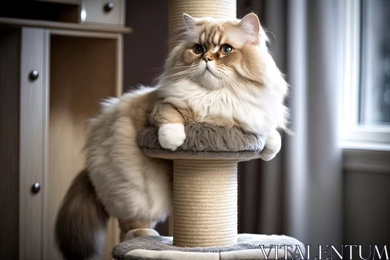Regal Playfulness: Majestic British Longhair Cat Playing on a Cat Tree Near the Window AI Image