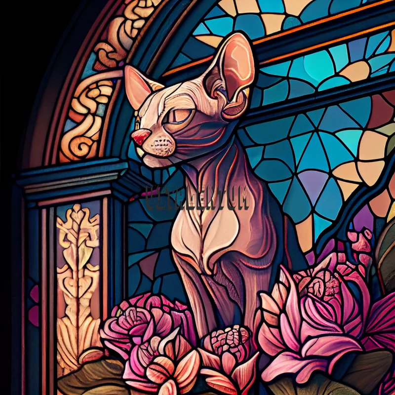 AI ART Stained Glass Window Of A Sphinx Cat In Tropical Flowers