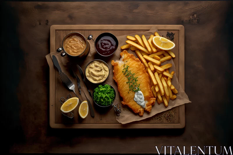 Classic Delight: Fish and Chips on Chopping Board with Savoury Sauce AI Image