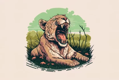 Funny Lioness Yawn: Cartoon-like Lioness Yawning with Tongue Out in a Grassy Field