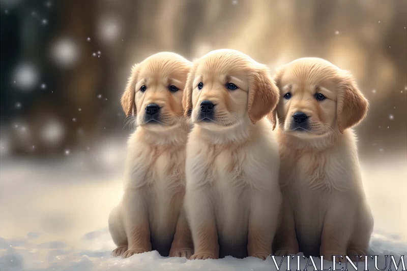 AI ART Winter's Delight: Three Resting Golden Retriever Puppies in a Snowy Wonderland
