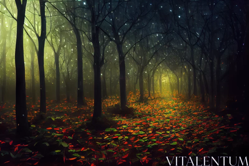 Mystical Nocturne: Dark Misty Forest at Night with Colorful Leaves AI Image
