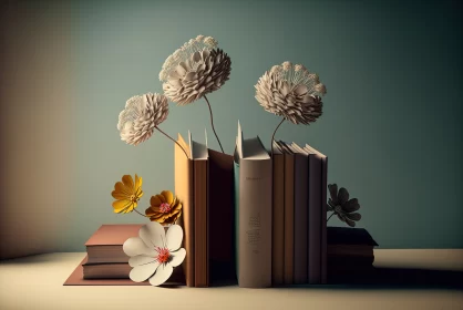 Harmony of Art and Knowledge: Creative Composition of Book Piles and Tender Flowers AI Image