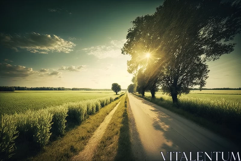 Sunlit Serenity: A Verdant Field Adjacent to a Road Under the Gleaming Sun AI Image