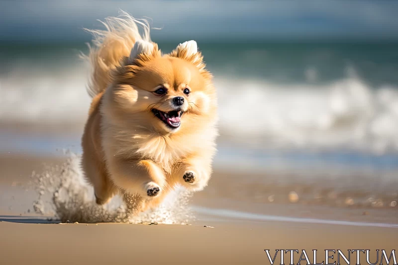 Beach Fun: Energetic Pomeranian Spitz Dog Running and Having a Blast AI Image