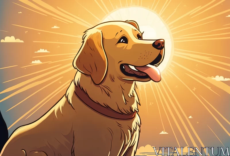 Radiant Canine Joy: Cartoon Cute Golden Retriever Basks in Sunlight AI Image