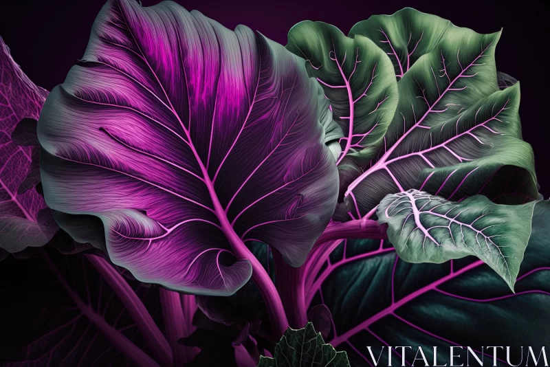 Tropical Symphony: Floral Green and Purple Magenta Alocasia Amazonica Abstract Background AI Image