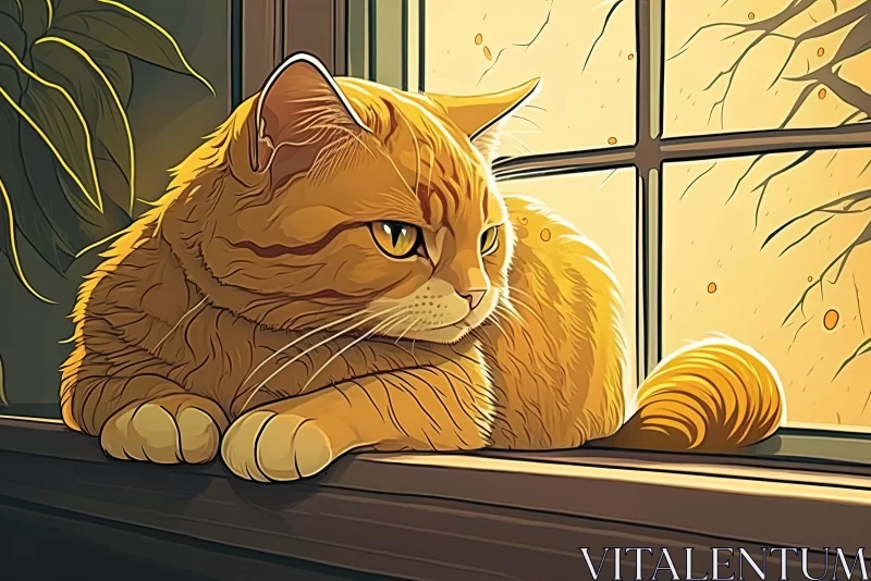 Tired and Domestic: Golden Cat Lying on the Window Sill AI Image